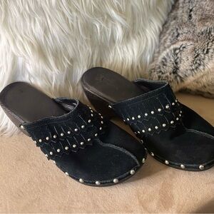 Black Suede Fringe Mules with Studs